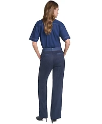 Karl Lagerfeld Paris Women's Striped Straight-Leg Denim Waistband Pants