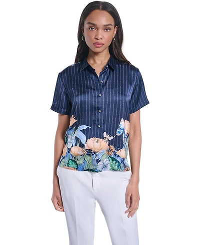 Karl Lagerfeld Paris Women's Striped Floral Printed Button-Up Blouse