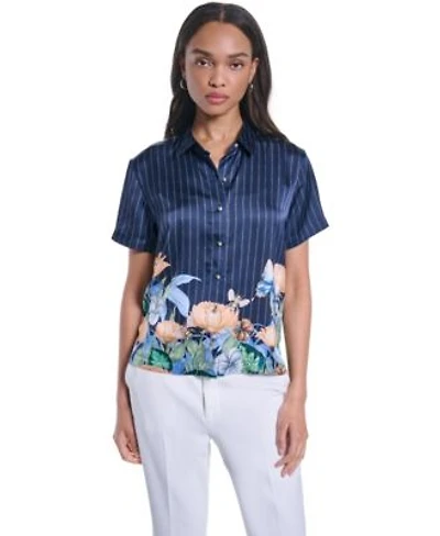 Karl Lagerfeld Paris Womens Striped Floral Printed Button Up Blouse