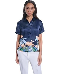 Karl Lagerfeld Paris Womens Striped Floral Printed Button Up Blouse