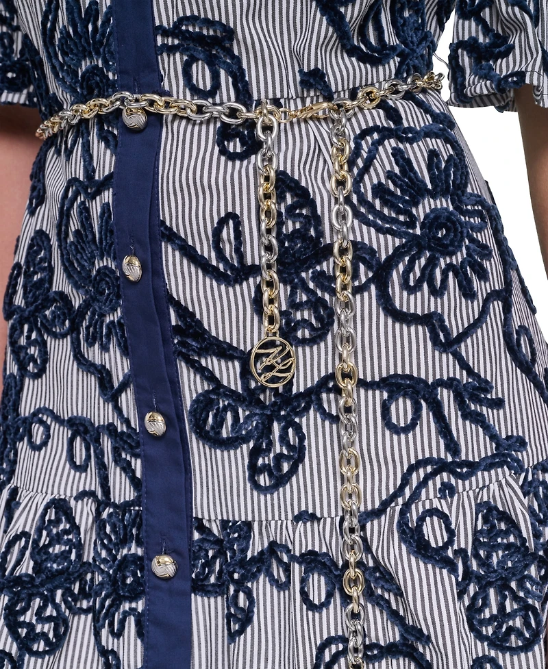 Karl Lagerfeld Paris Women's Velvet Embroidery 3/4-Sleeve Chain Belt Dress
