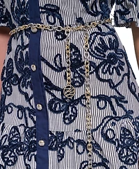 Karl Lagerfeld Paris Women's Velvet Embroidery 3/4-Sleeve Chain Belt Dress