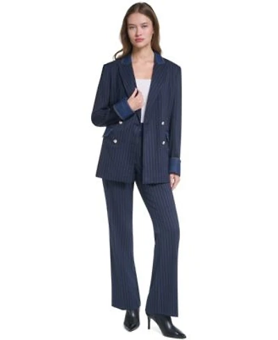 Karl Lagerfeld Paris Womens Button Front Collared Blazer Striped Straight Leg Denim Waistband Pants