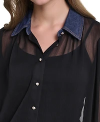 Karl Lagerfeld Paris Women's Denim Collar and Cuff Crinkle Chiffon Button-Up Top