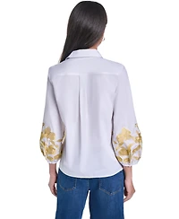 Karl Lagerfeld Paris Women's Gold-Tone Embroidery Puff Sleeve Button-Front Blouse
