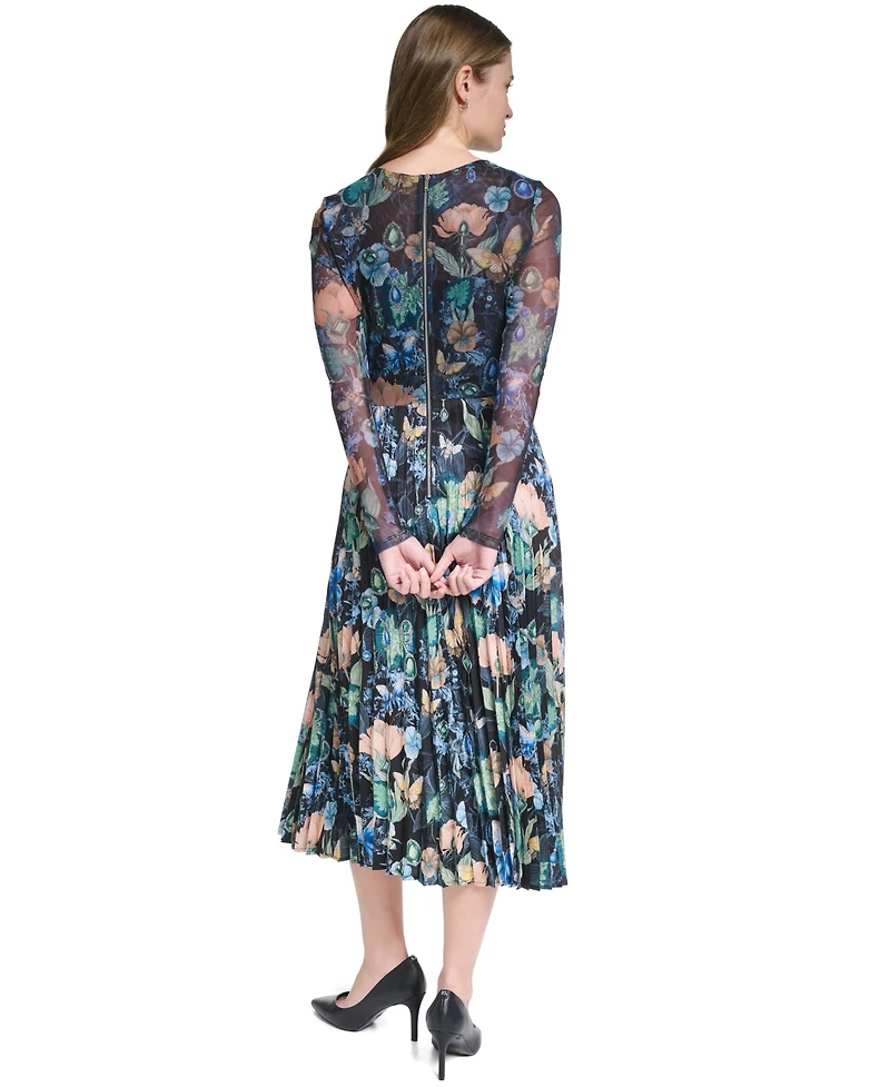 Karl Lagerfeld Paris Women's Printed Mesh Long-Sleeve Crewneck Dress