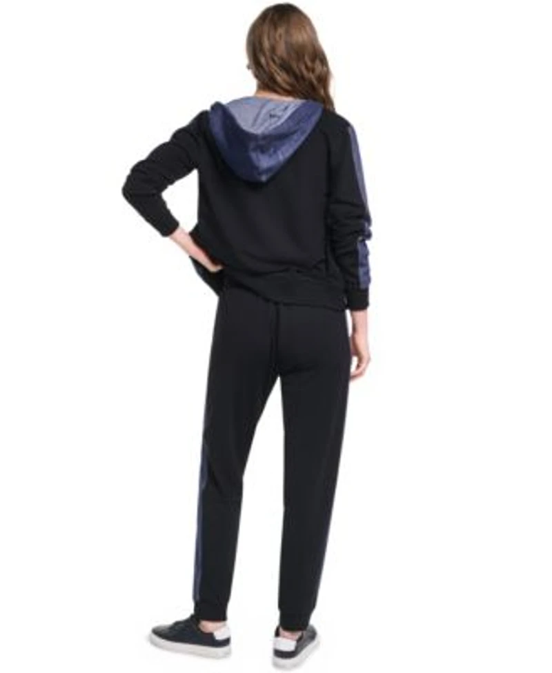 Karl Lagerfeld Paris Womens Zip Up Denim Contrast Hooded Jacket Denim Contrast Jogger Pull On Ankle Pants