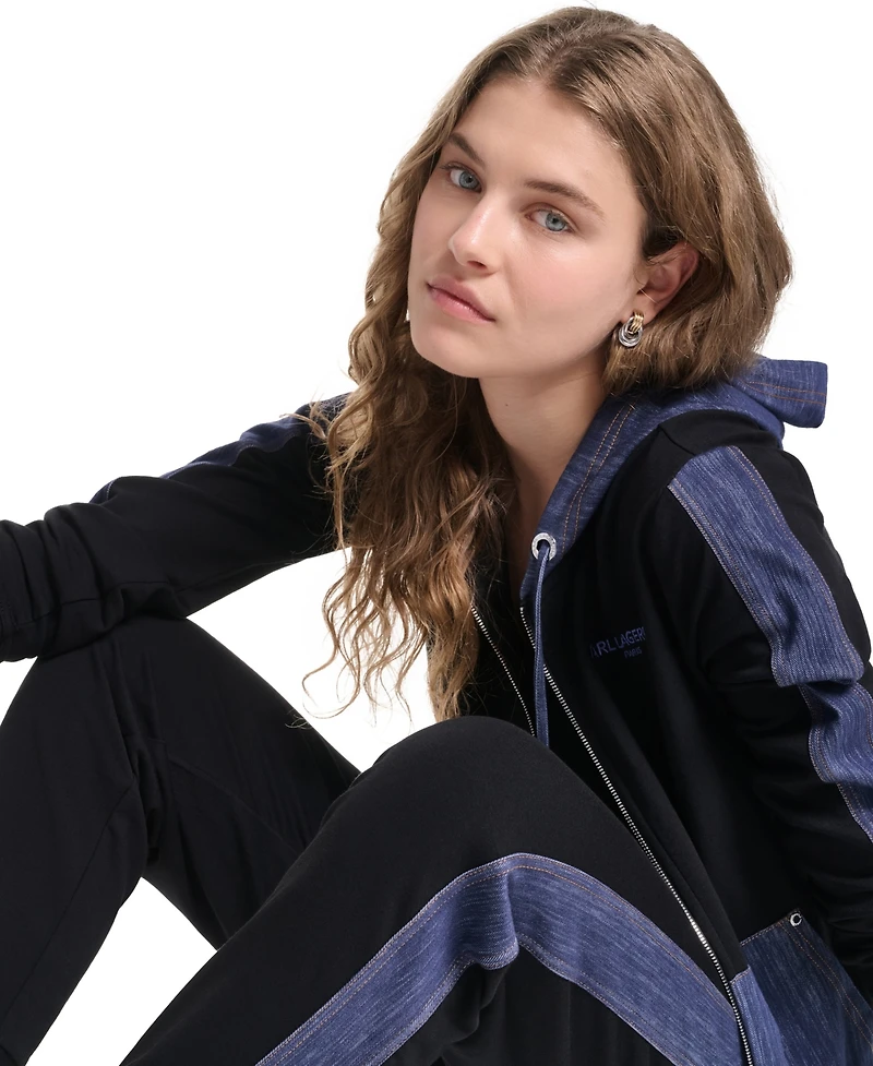 Karl Lagerfeld Paris Women's Zip-Up Denim-Contrast Hooded Jacket