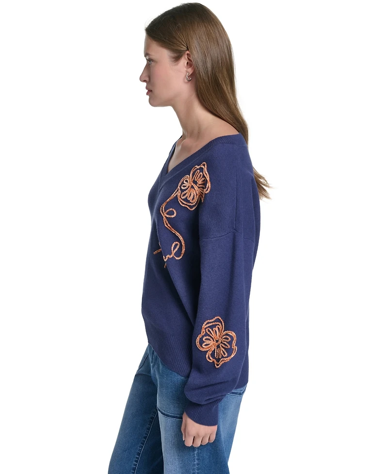 Karl Lagerfeld Paris Women's Floral Embroidery V-Neck Sweater