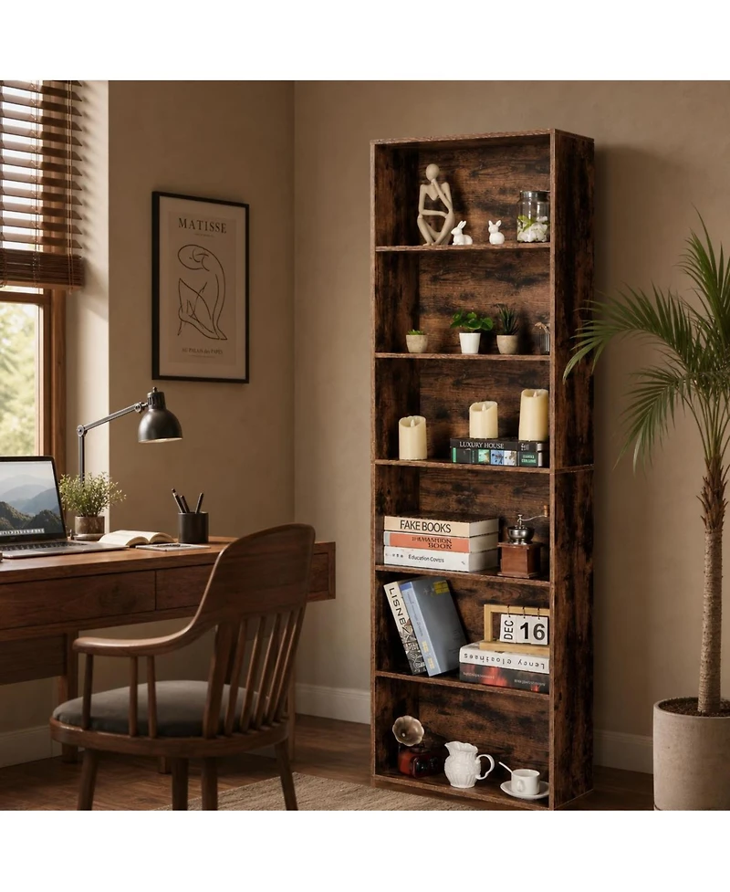 homfan 6 Tier Tall Wooden Bookcase Open Standing Bookshelf Display Storage Shelves for Home Office