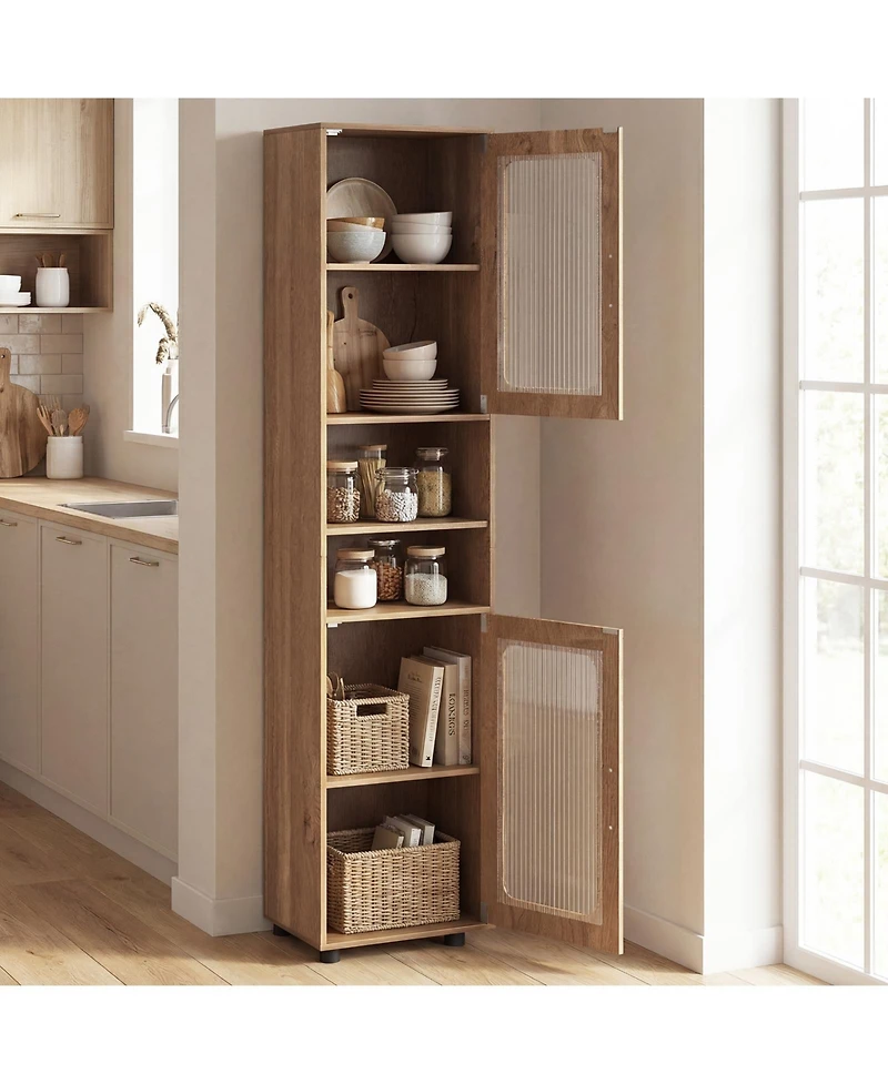 Costway Bathroom Cabinet, Slim Floor Storage Cabinet with 2 Fluted Doors,4 Rubber Feet