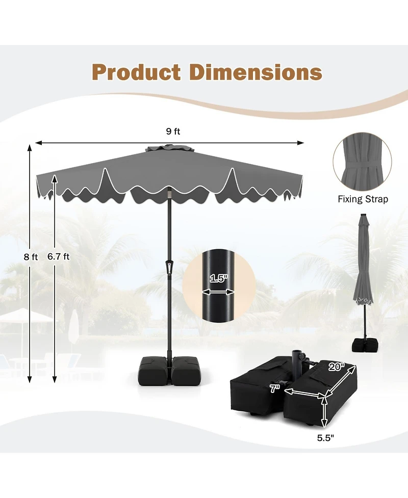 Sugift 9 ft Patio Umbrella with Weighted Cross Base and Two Sandbags