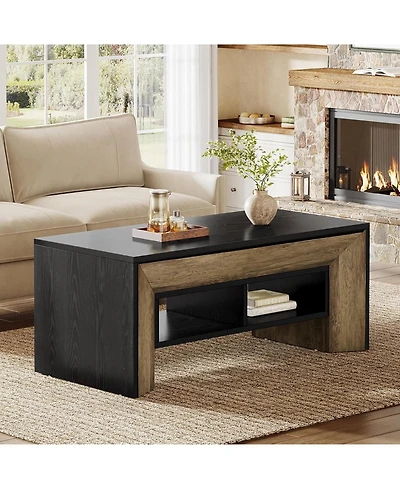 Tribesigns Rectangular Coffee Table with 2-Tier Storage,Wood Center Table with Durable Trapezoidal Legs for Living Room,Heavy Duty