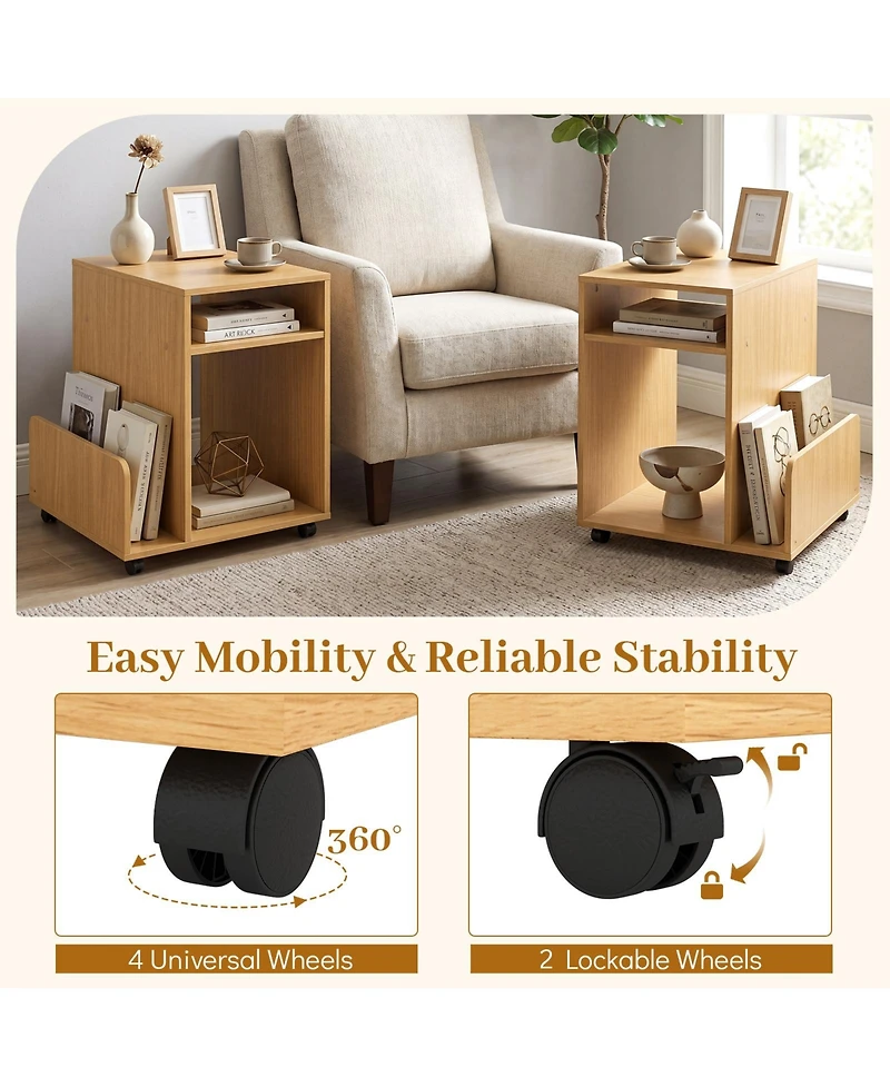 Gymax 2PCS Rolling End Table Side Storage Rack 4 Universal Wheels 2 Lockable Wheels