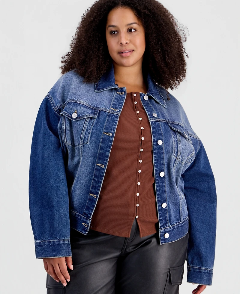 And Now This Plus Removable Faux-Fur Collar Denim Cropped Jacket, Macy's Exclusive