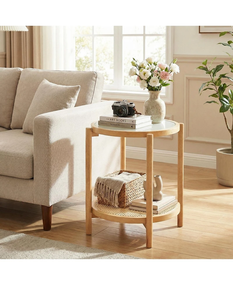 Gymax Room > End and Side Tables Gymax 2PCS Round Side Table w/Tempered Glass Top Storage Shelf Acacia Wood Legs