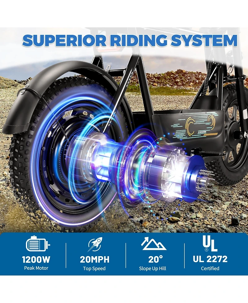 Caroma Peak 1200W Electric Scooter with Seat, 16"x3" Fat Tire E-scooter All-Terrain, Max 15 Miles 20MPH