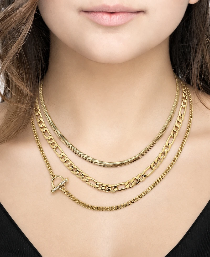 And Now This Cubic Zirconia Gold-Tone Plated Triple Strand Chain Necklace