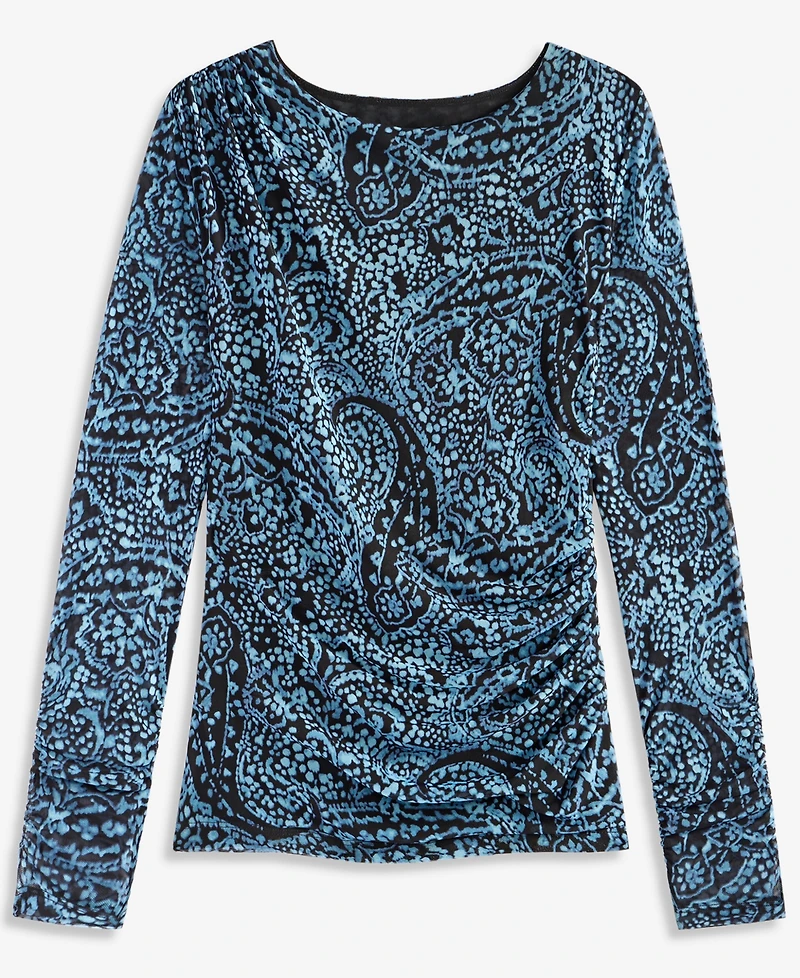 I.n.c. International Concepts Women's Ruched Mesh Long-Sleeve Crewneck T-Shirt, Macy's Exclusive