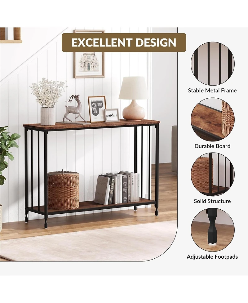 homfan 2-Tier Console Table for Entryway or Behind Sofa – Rustic Finish, Engineered Wood Shelf with Metal Frame Hallway Living Room