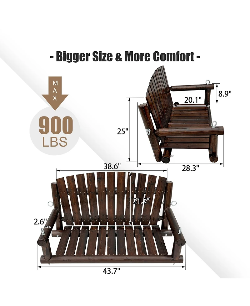 Maga Casa Innovaze 1-Seater Premium Rustic Solid Fir Wood Outdoor Porch Swing, Luxury Hanging Log Bench with 900 lbs Capacity