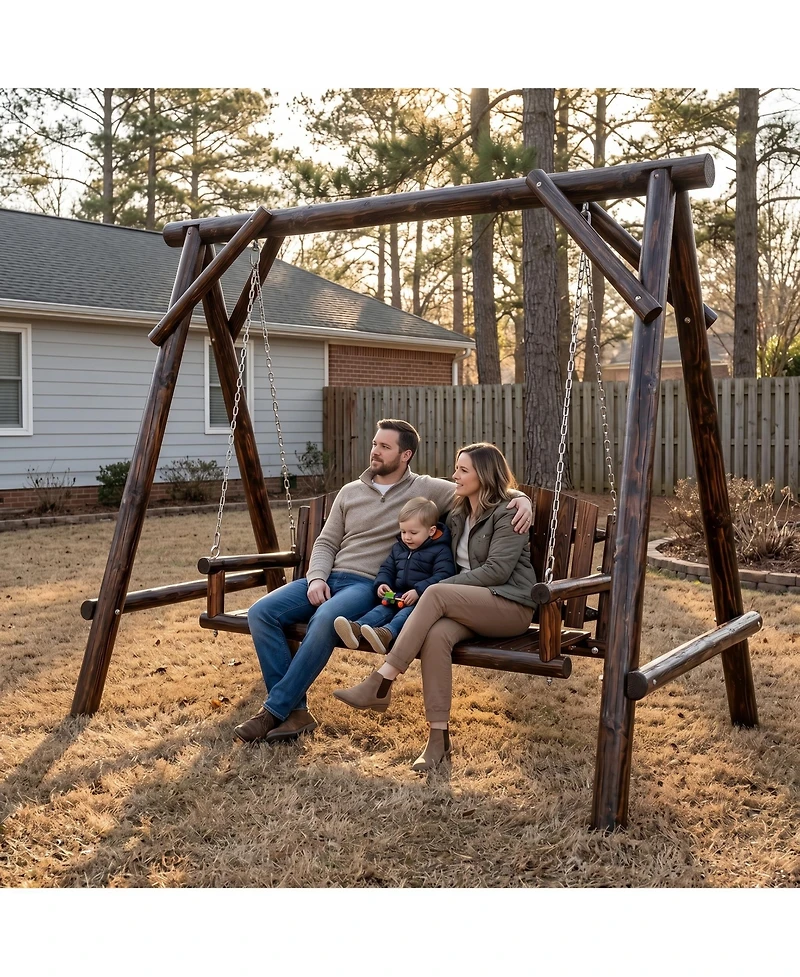 Innovaze 5 Ft Rustic Log Wooden Porch Swing, Outdoor Hanging Bench for Patio, Garden, Yard – Solid Fir Wood, Handcrafted, Weather-Resistant Finish
