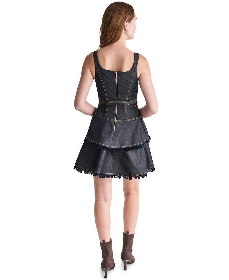 Bcbg Women's Denim Square Neck Belted Fringe Mini Dress