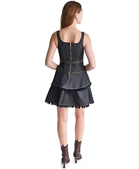 Bcbg Women's Denim Square Neck Belted Fringe Mini Dress