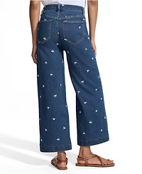 Lands' End Petite Soft Denim High Rise Embroidered Wide Leg Crop Jeans