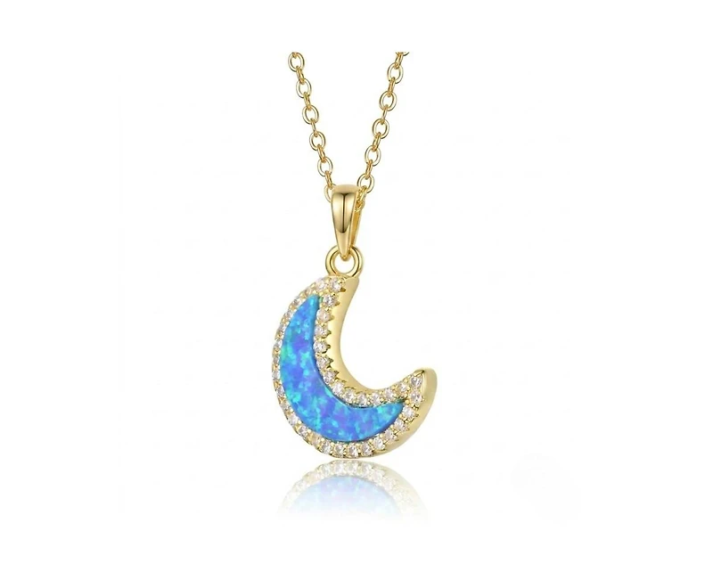 Rachel Glauber 14K Gold Plated Sparkling Moon Opal and Cz Halo Necklace