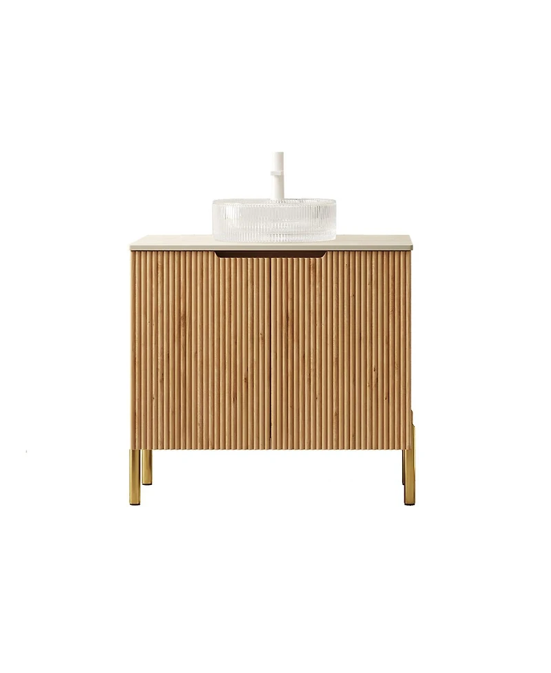 Sillysis 30 Inch Bathroom Vanity with Glass Vessel Sink, Sintered Stone Top, Modern Wood Grain Cabinet, Soft Close Storage