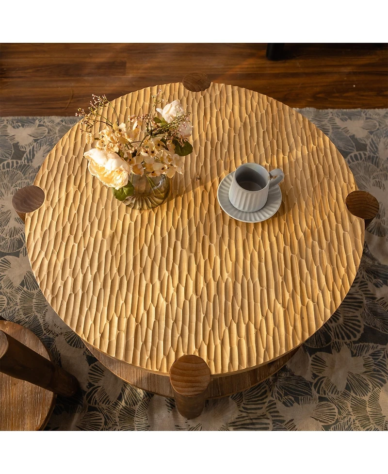 Clihome Round Coffee Table with Solid Wood for Living Room, 2-Tier Round Coffee Table with Storage Shelf