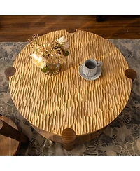 Clihome Round Coffee Table with Solid Wood for Living Room, 2-Tier Round Coffee Table with Storage Shelf