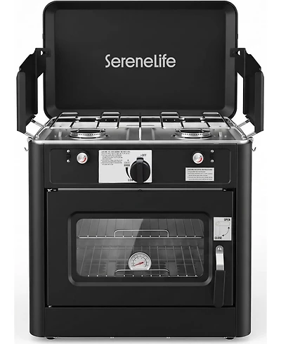 SereneLife 3-in-1 Camping Stove Oven Combo - Outdoor Camp Oven with 2 Burners, Piezo Ignition and Temperature Control