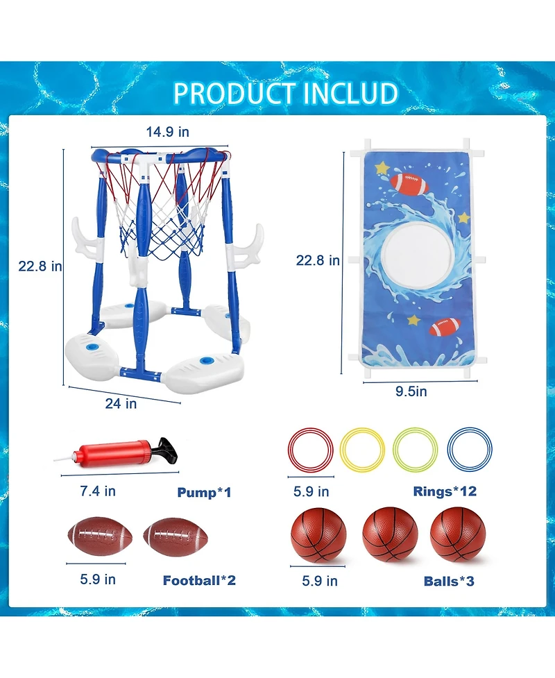 Gnuadz 3-in-1 Pool Basketball Hoop Floating Football Ring Games Balls Pump Outdoor Family Party Water Swimming Kids Toys