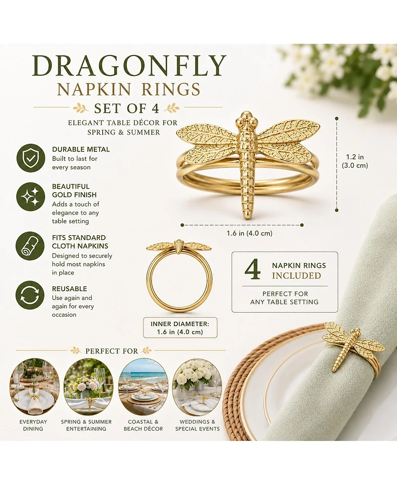 Dainty Home Dragonfly Napkin Rings Set of 4, Gold Metal Table Decor