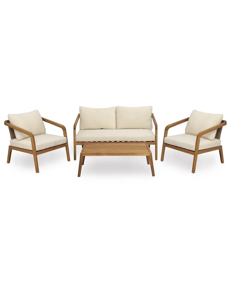 Asagikoiai 4-Piece Outdoor Acacia Wood Conversation Set, Pe Wicker Loveseat and Club Chairs