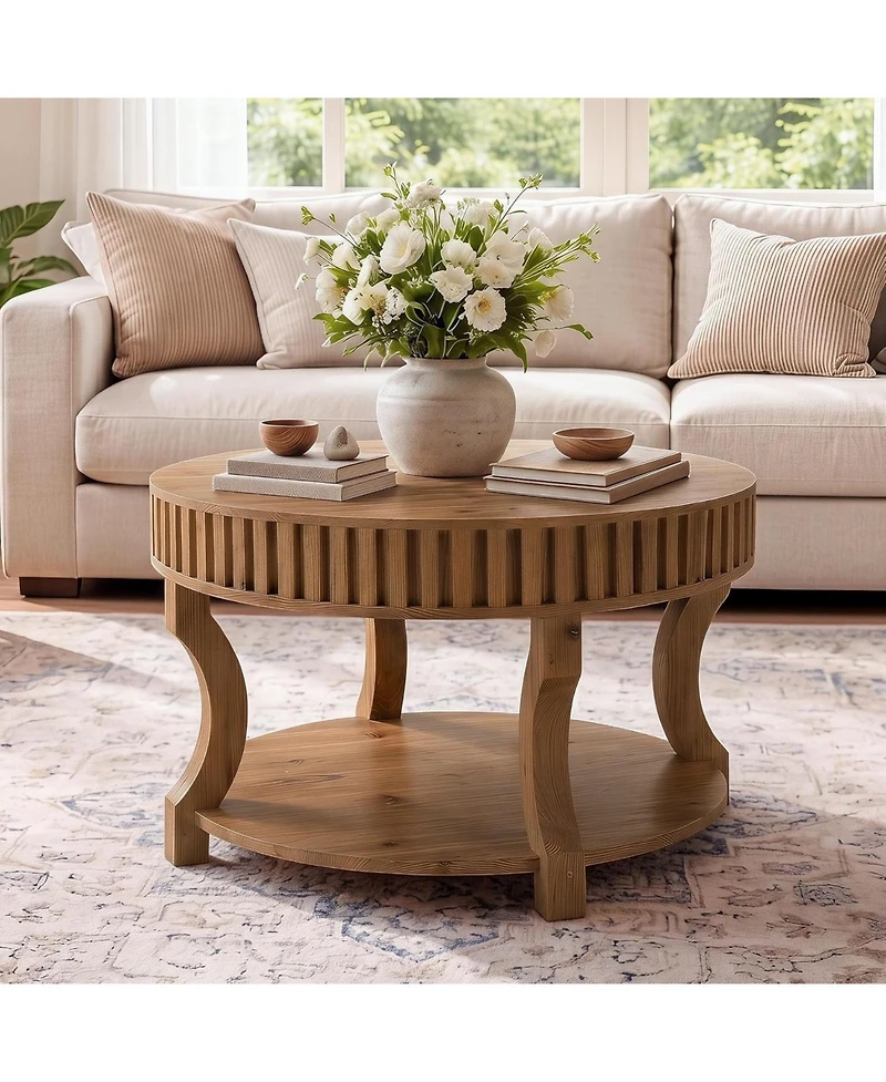 Tribesigns 31.5-In Round Coffee Table, Farmhouse 2-Tier Center Table with Storage, Fluted Solid Wood Cocktail Table for Living Room
