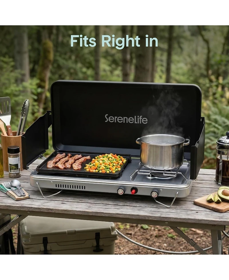 SereneLife 2-in-1 Camping Stove and Griddle Combo - Portable Propane Camp Stove with 10,000 Btu Burner and 5,000 Btu Griddle