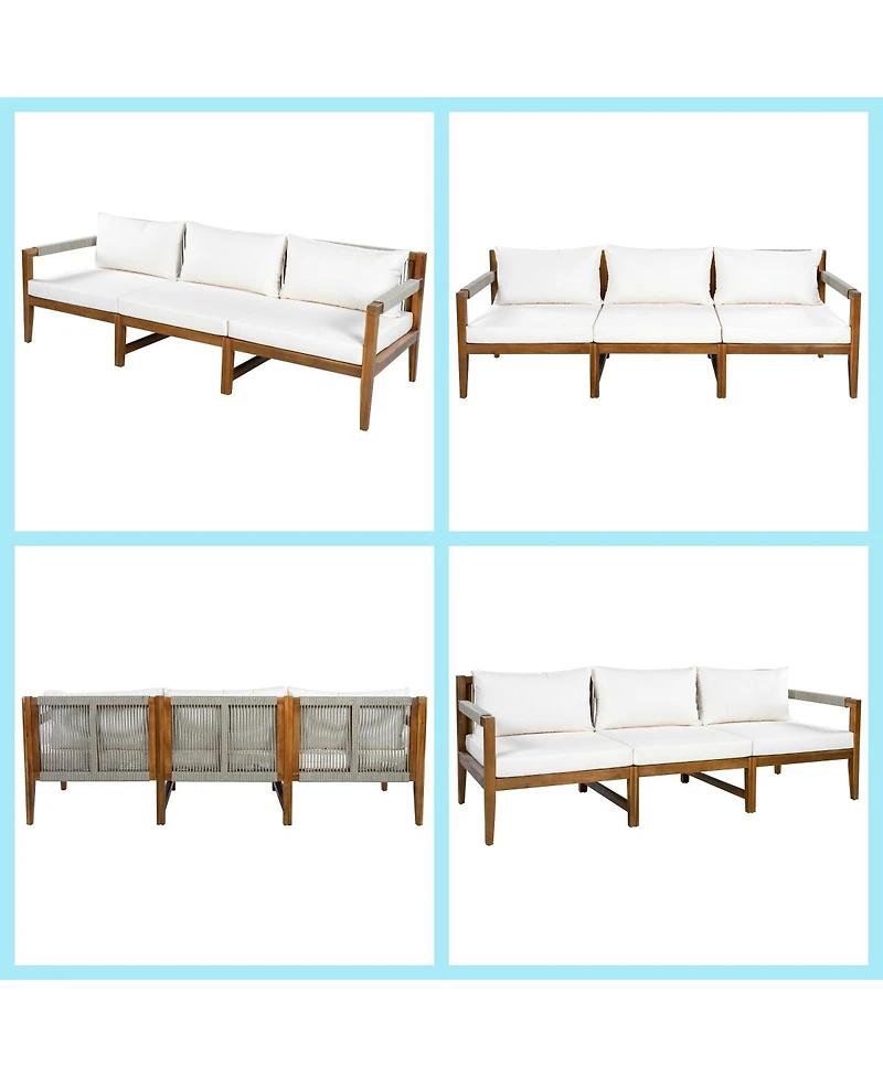 Asagikoiai 3-Piece Acacia Wood Outdoor Conversation Set with Rope Woven Backrest and Cushions