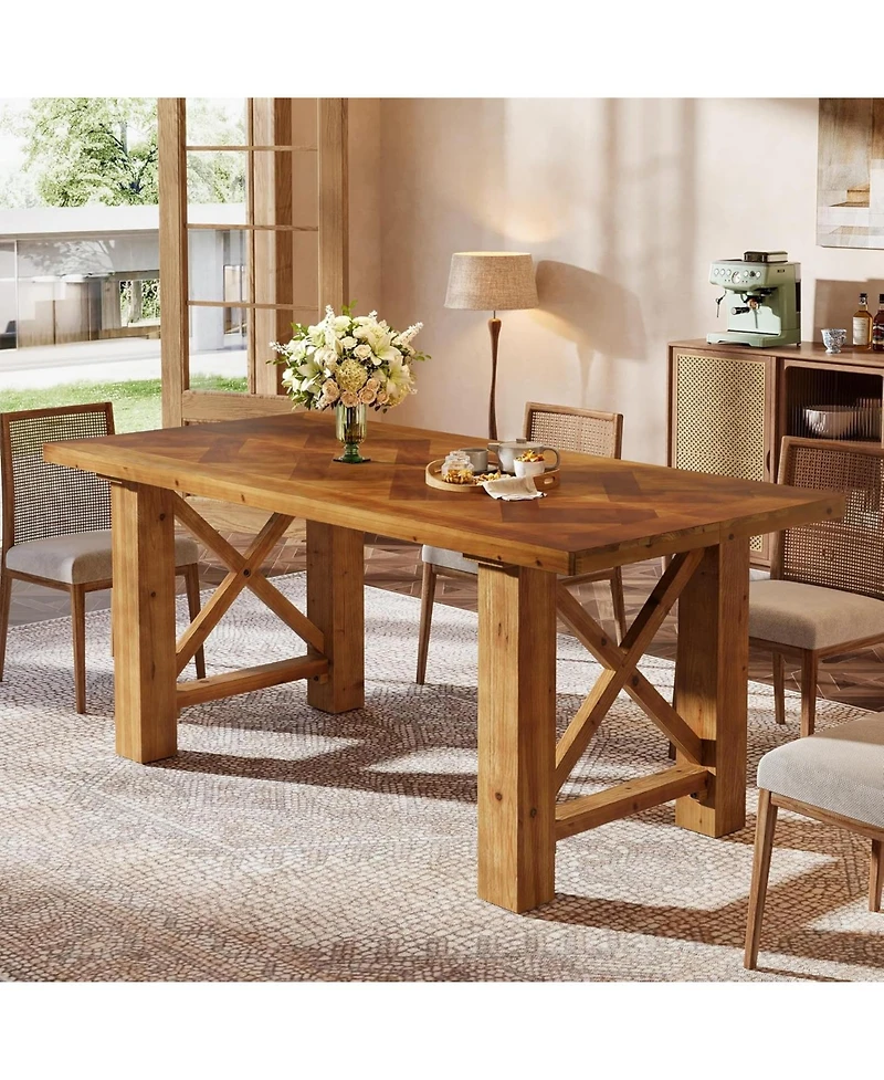 Tribesigns 63-Inch Farmhouse Dining Table for 4-6, Solid Fir Wood Kitchen Table with Parquet Top and X-Shaped Legs, for Dining Room, Living Room