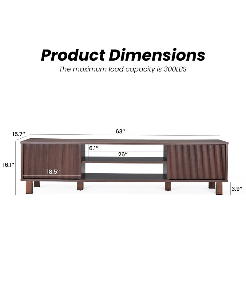 Rainsken Modern Fluted Tv Stand for Up to 70'' Tvs, with Storage and Open Shelves, TV Console with Adjustable Shelves, for Living Room Bedroom