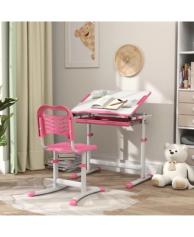 Clihome Kids Desk Chair Set Adjustable Children Study Table with Storage Drawer, Tiltable Desktop