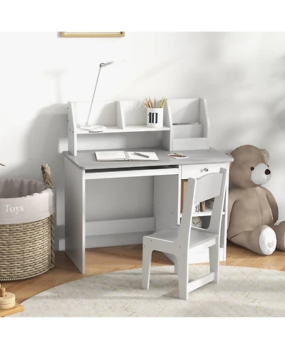 Clihome Kids Desk and Chair Set with Storage, Children Study Table, Gray Mdf Sturdy Learning Furniture