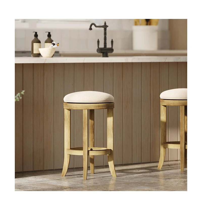 HomeRoots 25" Fabric and Solid Wood Backless Counter Height Swivel Bar Chair