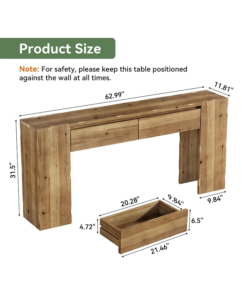 Tribesigns 63-Inch Wood Console Table with 2 Drawers, Narrow Entryway Table for Hallway and Behind Sofa, Rustic Farmhouse Slim Sturdy Accent Furniture
