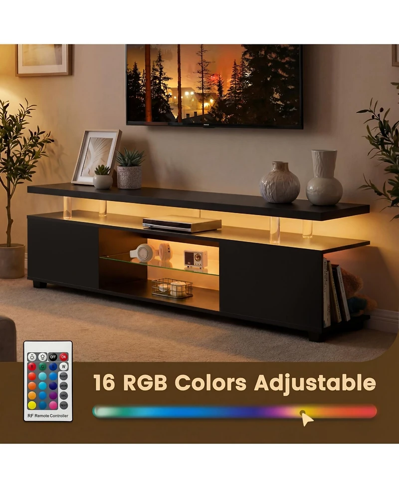 Rainsken Tv Stand for 70 Inch Tv Led Gaming, with Large Side Cabinet, Glass Entertainment Center Tv Stand, for Living Room,Bedroom,Home Office