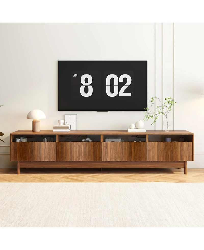 Rainsken 70" Fluted Wood Tv Stand, up to 85 Inch TVs, Media Console Entertainment Center with Glass, for Bedroom, Living Room