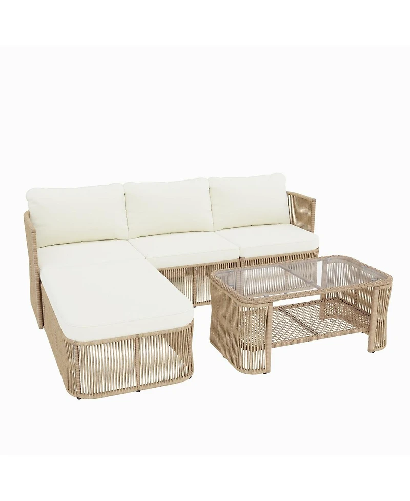 Asagikoiai Pe Rattan Outdoor Sectional Sofa Set with Cushions and Coffee Table