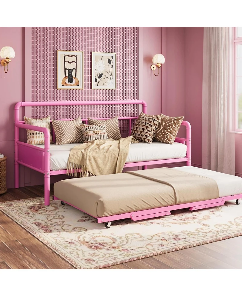 gaomon Twin Daybed with Foldable Metal Trundle, Heavy Duty Steel Slats Support, Sofa Bed Frame for Living Room or Guest Room, Noise Free
